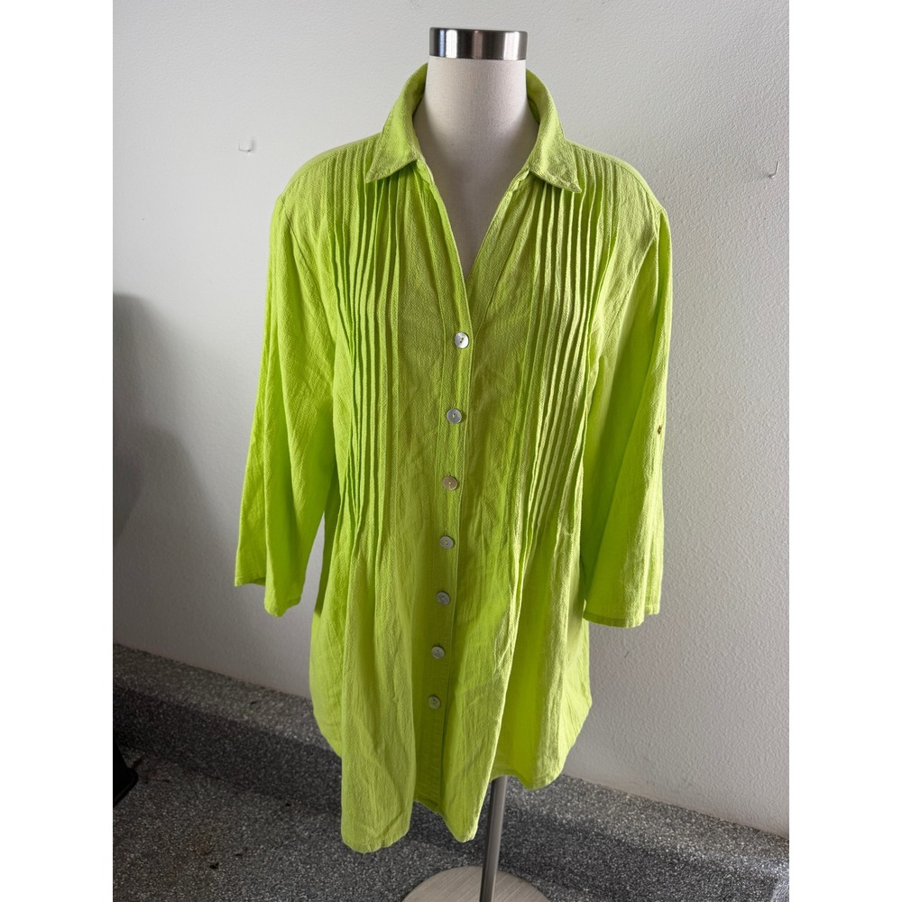 Soft Surroundings Womens XL Lime Green Cotton Gauze Button Up Shirt Tunic Top
